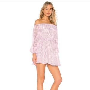 Lovers + Friends Dress World Traveler Dot-Print Off-Shoulder  XS Pink & White